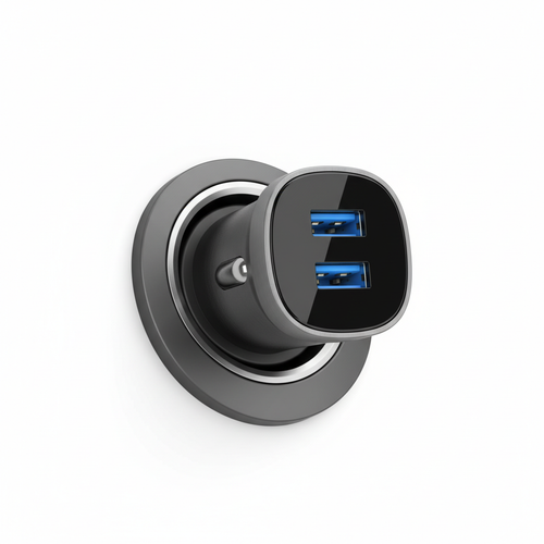 Dual USB car charger plugged into car outlet