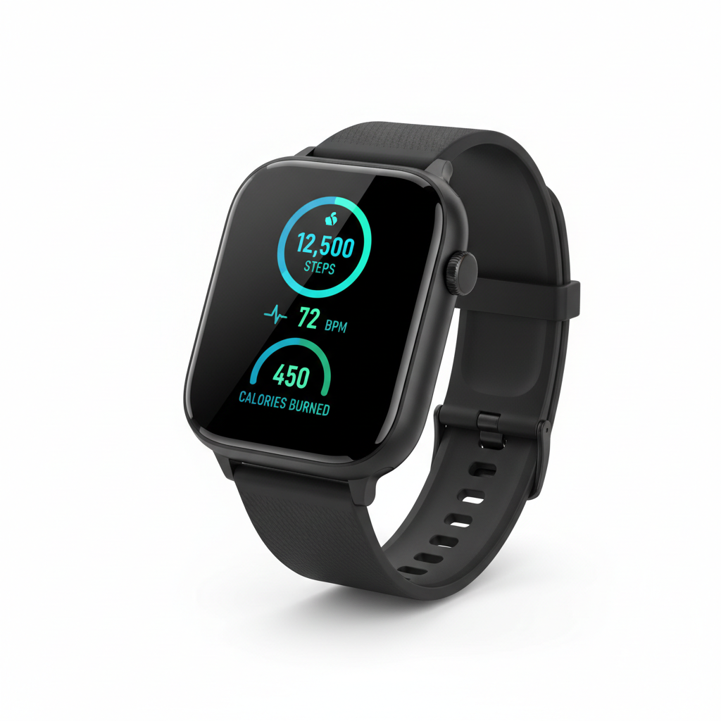 Black fitness smartwatch with square display and silicone band on white background