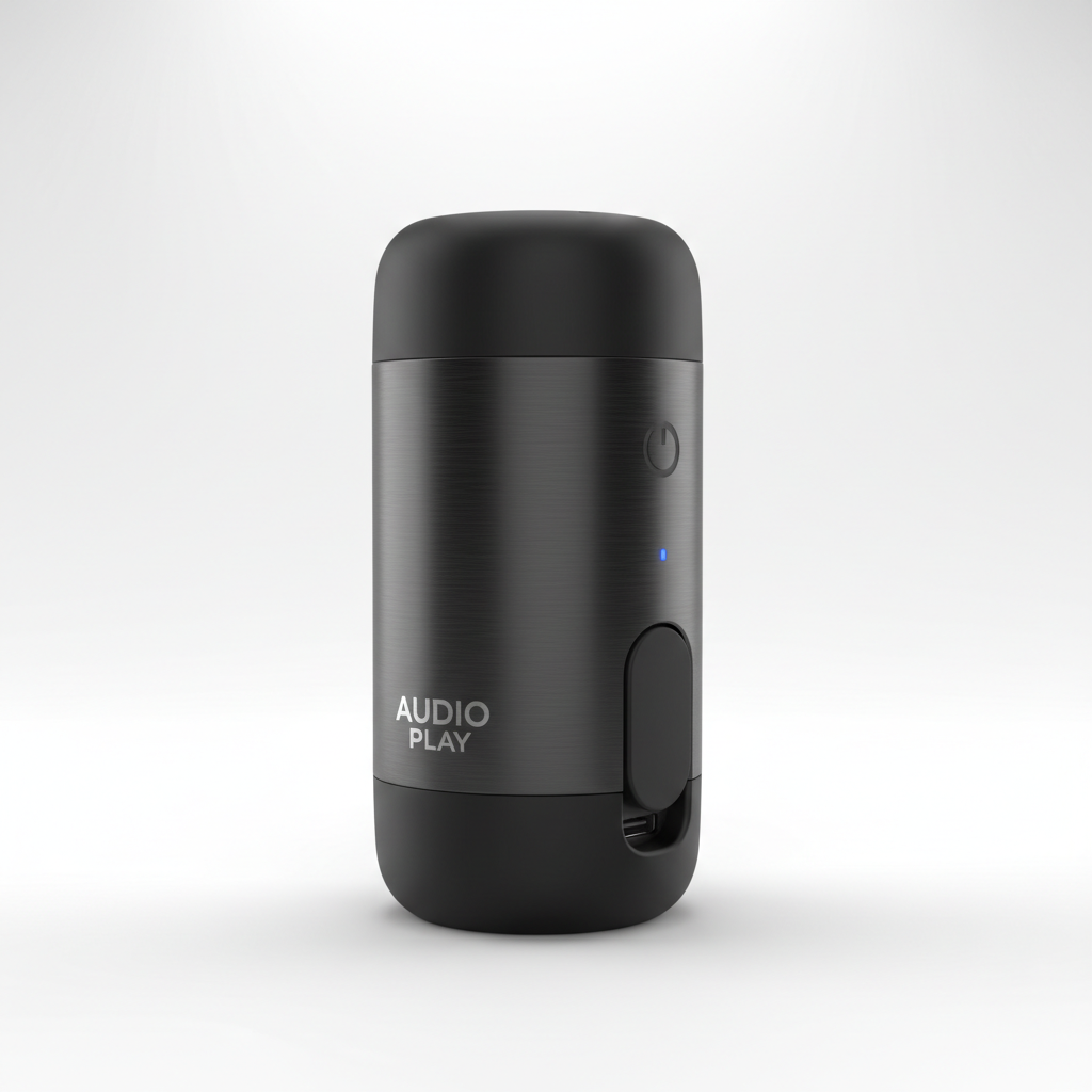 Compact portable Bluetooth speaker in black on white background