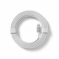 Braided white USB-C to Lightning cable on white background