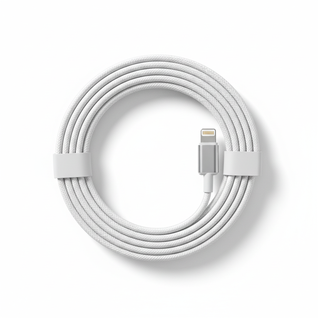 Braided white USB-C to Lightning cable on white background