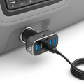 4-port USB car charger with USB-A and USB-C ports on white background