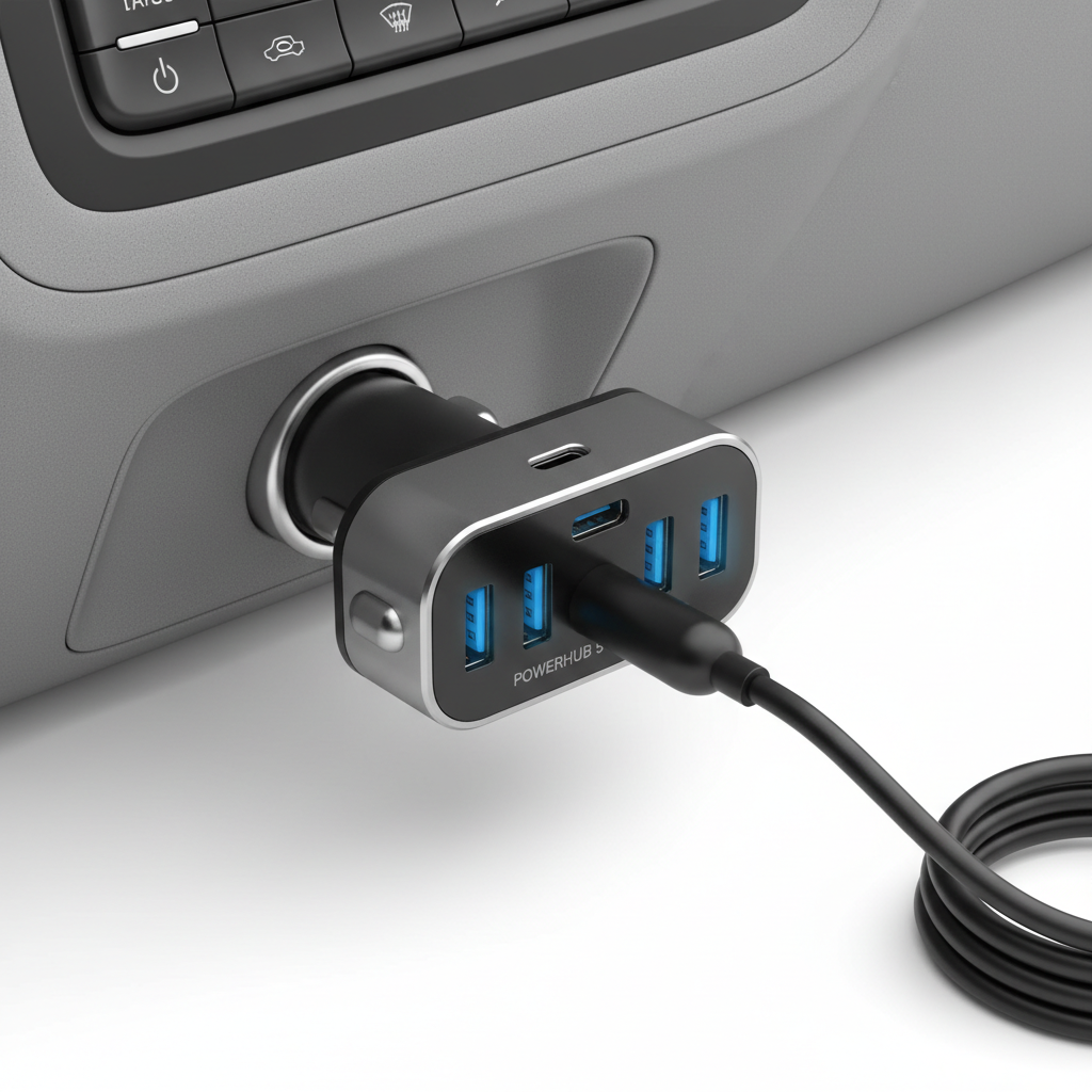 4-port USB car charger with USB-A and USB-C ports on white background