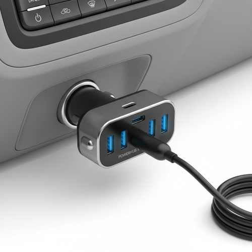 4-port USB car charger with USB-A and USB-C ports on white background