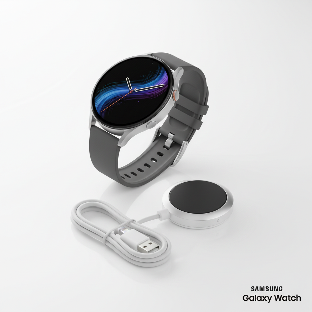 Samsung Galaxy Watch and wireless charger bundle on white background