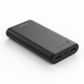 Slim black 20000mAh portable power bank with USB ports on white background