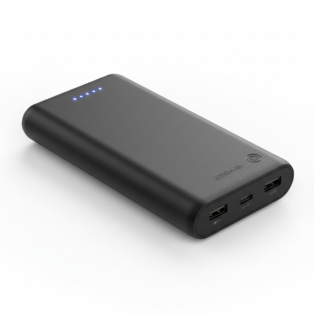 Slim black 20000mAh portable power bank with USB ports on white background