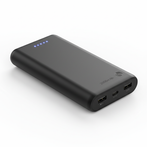 Slim black 20000mAh portable power bank with USB ports on white background