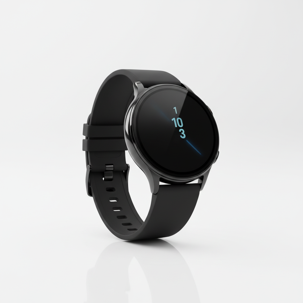 Samsung Galaxy smartwatch with black band on white background