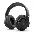 Black over-ear Bluetooth headphones with cushioned ear cups on white background