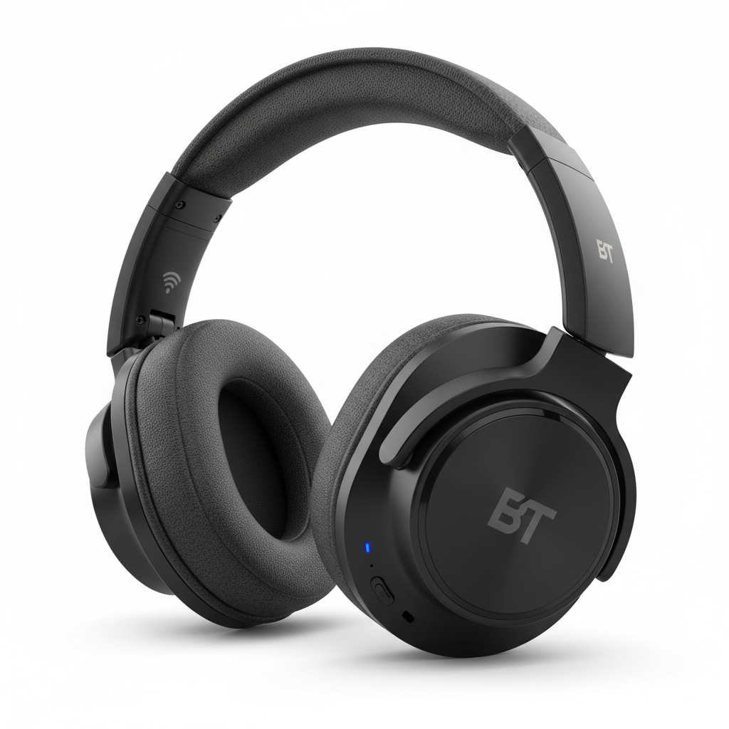 Black over-ear Bluetooth headphones with cushioned ear cups on white background