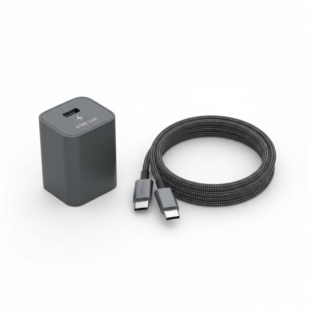 65W GaN fast charger and braided USB-C cable combo on white background