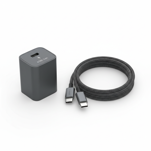 65W GaN fast charger and braided USB-C cable combo on white background
